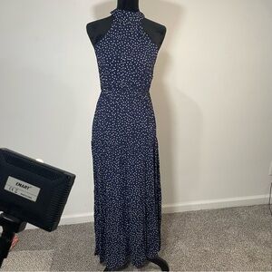 Elegant Blue and White Sleeveless Halter Maxi Dress